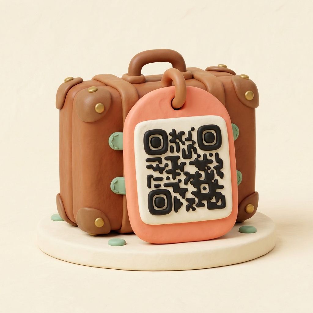 A leather QR-code luggage tag attached to a vintage suitcase