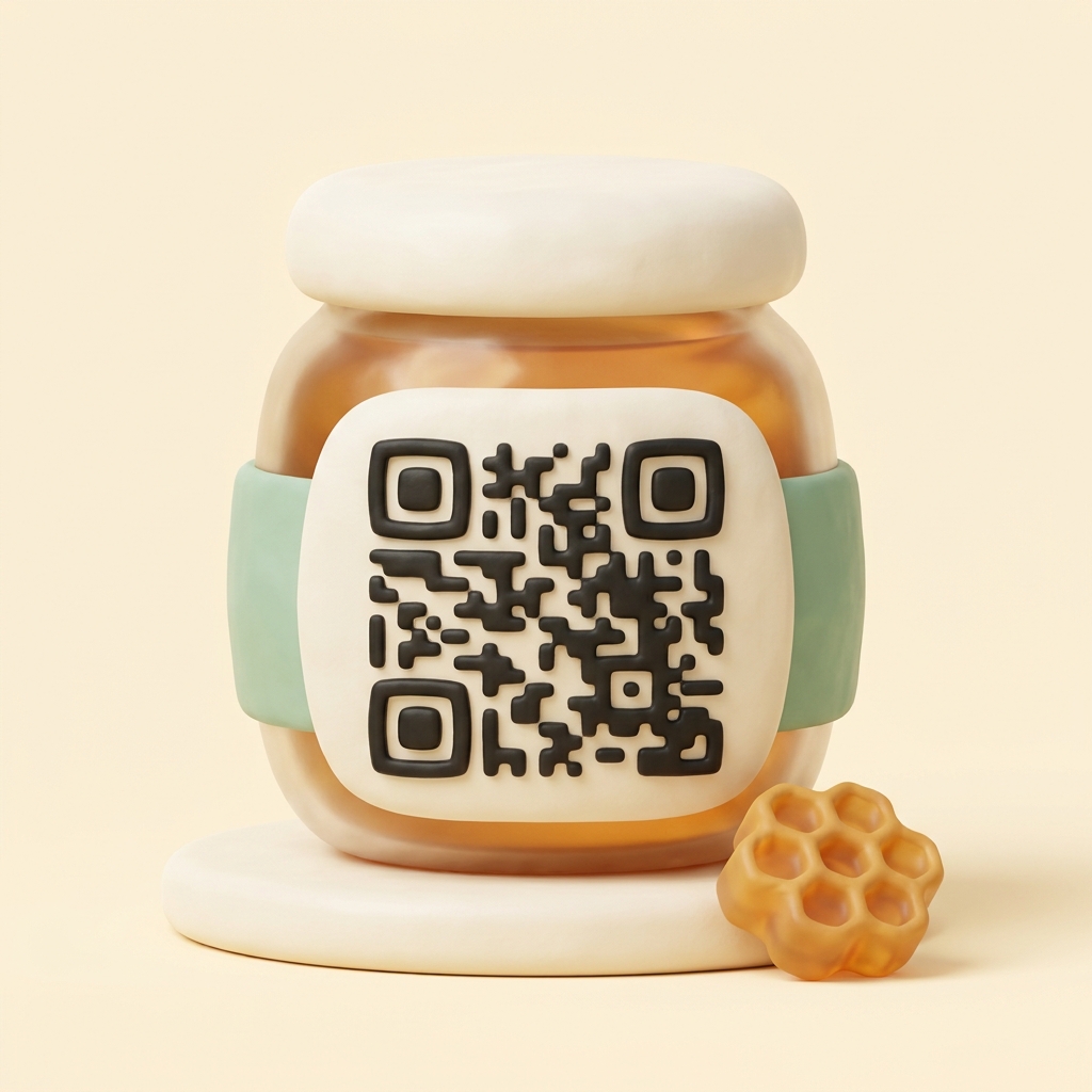 A honey jar with a handcrafted QR-code label on a wooden table