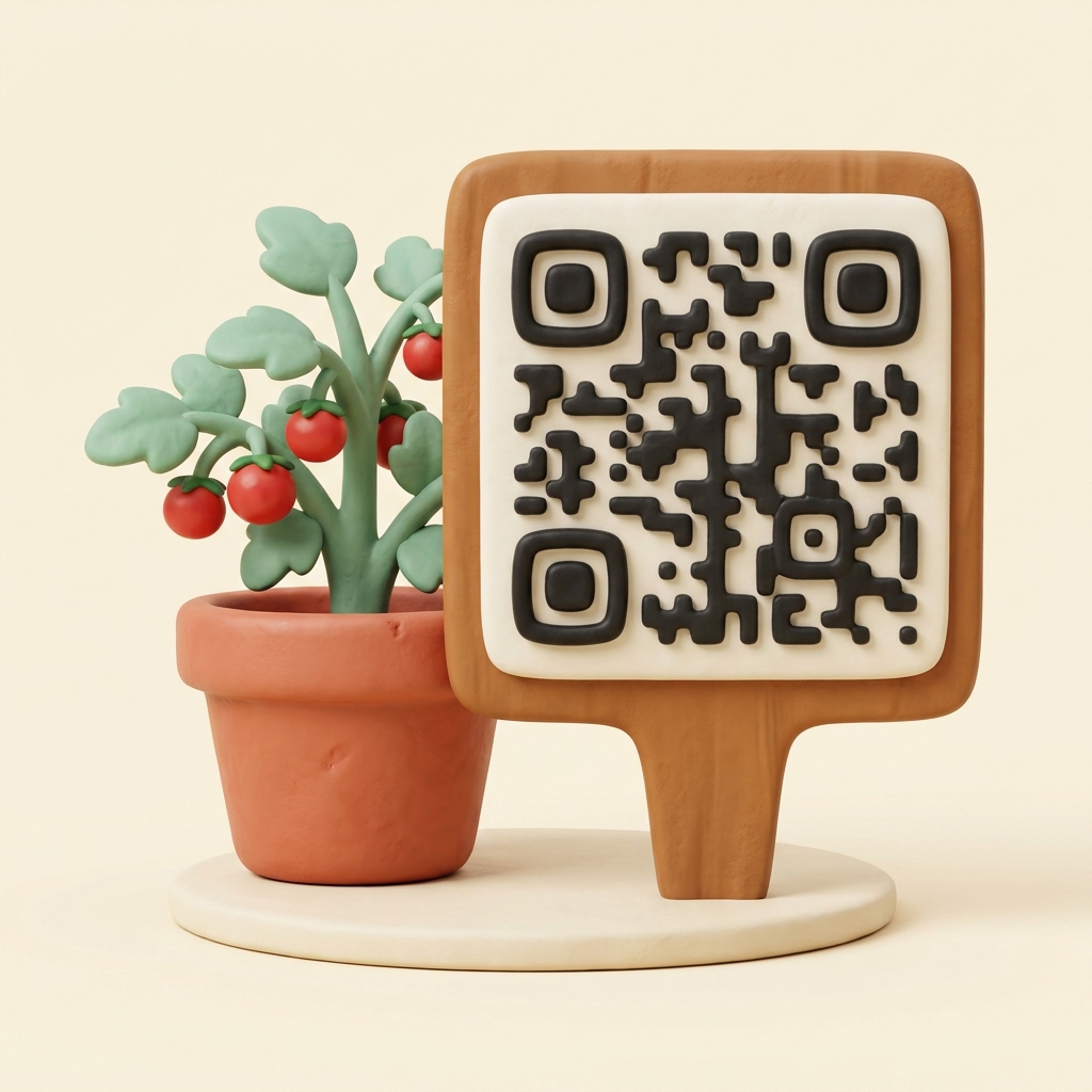 A small wooden plant tag with a QR code staked in soil near a tomato plant