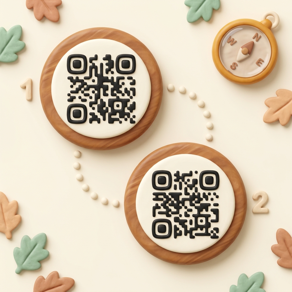 A handmade scavenger hunt map with wooden QR-coded markers