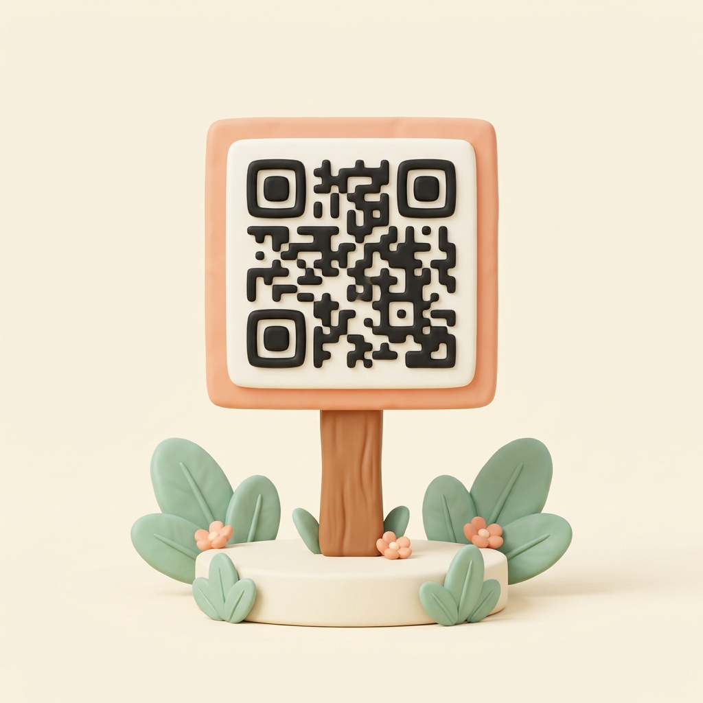 A small plaque with a QR code mounted on a post in a garden