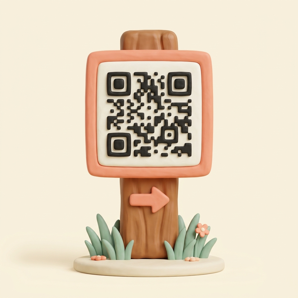 A wooden trail marker post with a QR code on a forest path