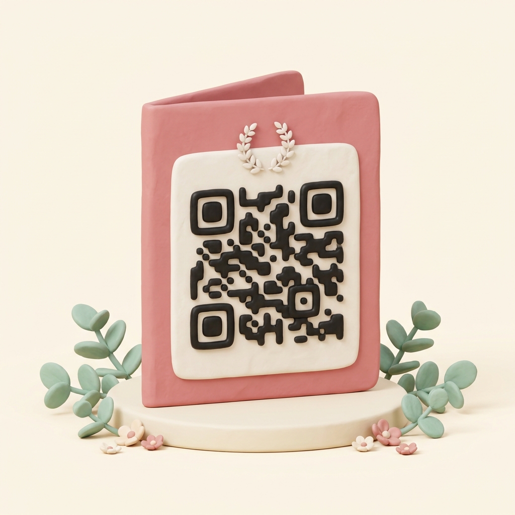 A folded clay wedding order-of-service booklet with a large QR code on its back cover and eucalyptus